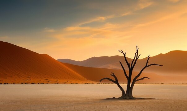 Breathtaking sunset over Deadvlei with silhouettes of dead trees and towering sand dunes in Namibia's Sossusvlei