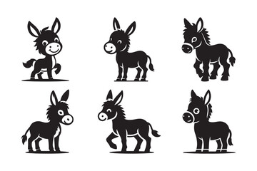  Set of a Cartoon Styel Donkey  Silhouette , isolated on a white background