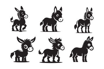  Set of a Cartoon Styel Donkey  Silhouette , isolated on a white background