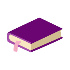 A purple book with a pink ribbon on the spine. The ribbon is attached to the book with a paper clip