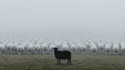 Obraz premium Herd of white sheep grazes in a foggy field with one striking black ram standing apart