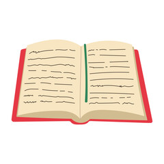 A book is open to a page with a green line. The book is red and white
