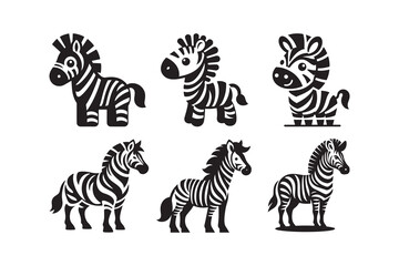  Set of Cartoon Styel Zebra Silhouette , isolated on a white background