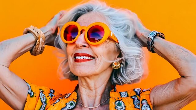 &Auml;ltere Frau mit pinker Sonnenbrille und buntem Outfit lacht ausgelassen