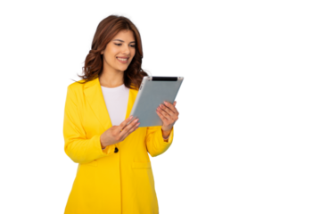 Smiling businesswoman using digital tablet with transparent background