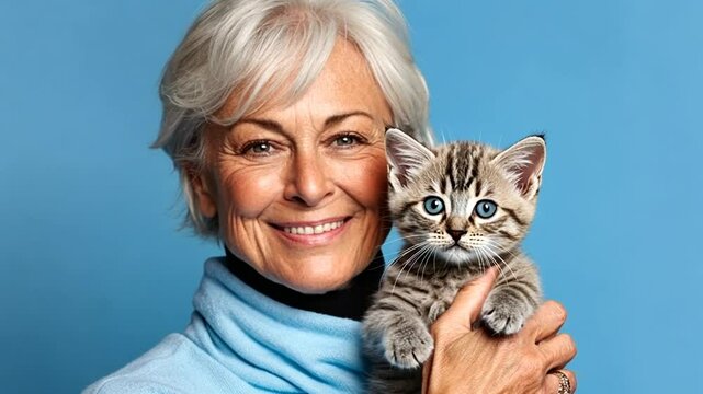 &Auml;ltere Frau mit grauen Haaren h&auml;lt eine Katze gl&uuml;cklich im Arm