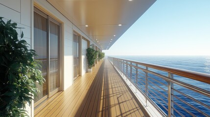 Obraz premium Luxurious cruise ship promenade deck, sunlit and spacious, with potted plants adorning the walkway