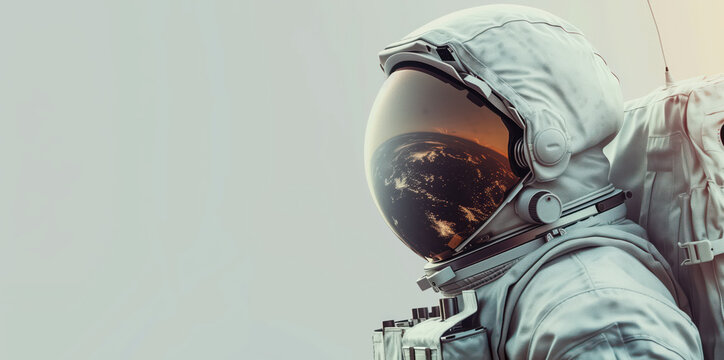 Astronaut gazing at earth from space suit with reflection of planet in helmet visor