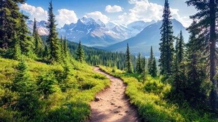 Fototapeta premium Scenic hiking trail through a lush alpine meadow, leading to majestic mountain peaks