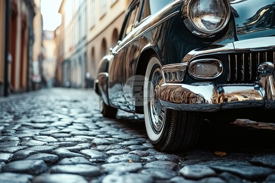 Vintage blue car parked on a cobblestone street surrounded by classic buildings in an old European town