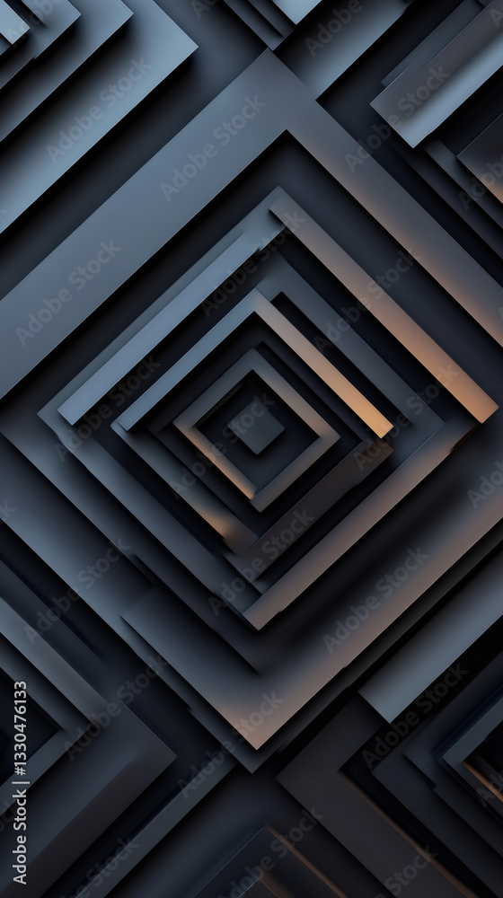 Poster Dark gray geometric shapes converging into receding tunnel through digital 3D rendering