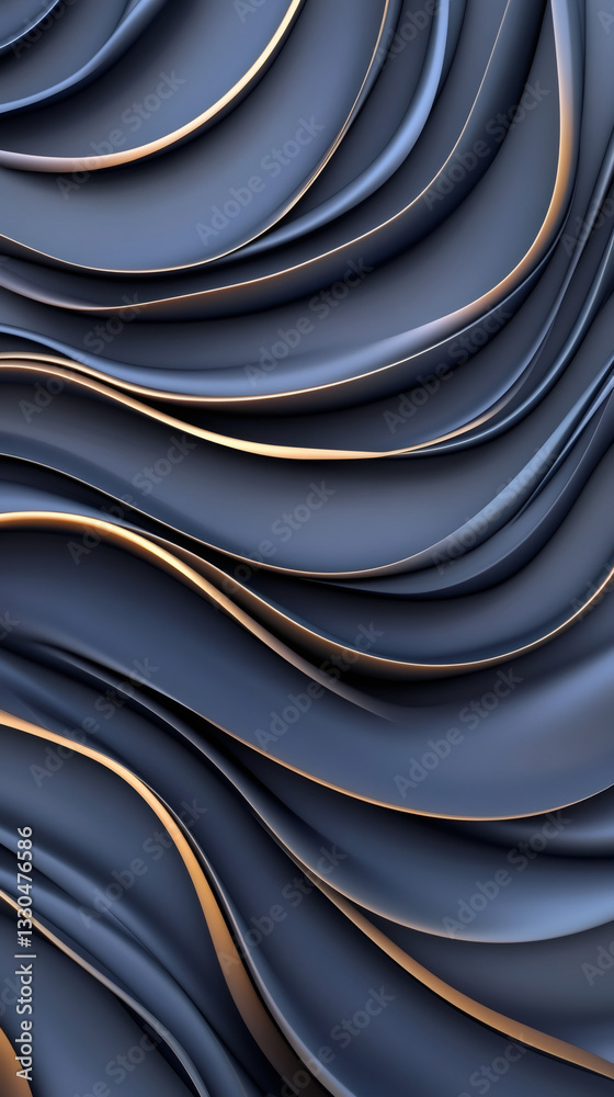 Aufkleber Golden metallic lines curving dynamically over deep navy rippling surface, rendering sophisticated geometric abstract pattern