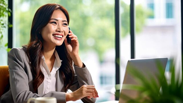 Junge Frau telefoniert im B&uuml;ro mit Laptop