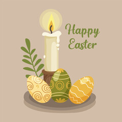 Easter Candle with Decorated Eggs and Greenery – Festive Greeting Card Illustration