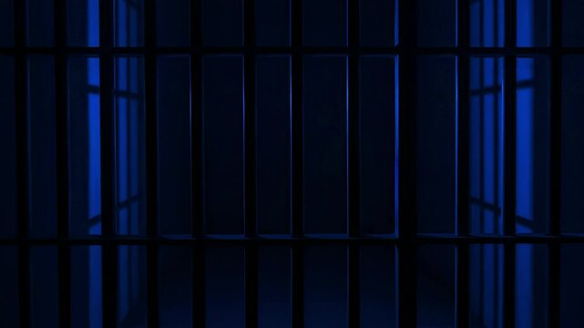 Prison Cell Bars Casting Shadows: Symbolizing Confinement and Loss of Freedom. metal prison cell bars casting shadows on the floor, representing themes of incarceration, confinement
