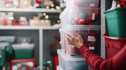 Organizing holiday decorations with labeled storage bins in a home garage