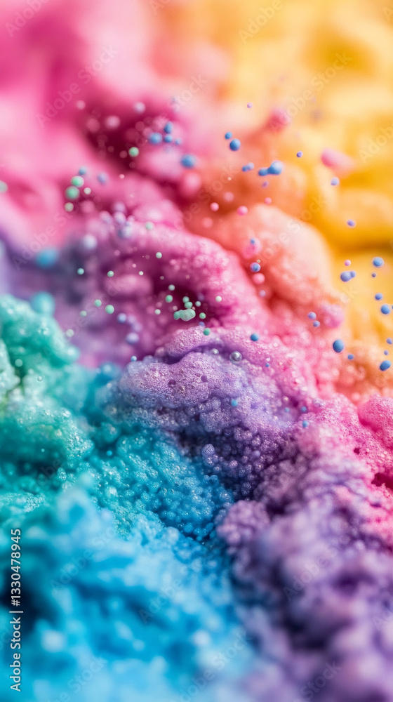 Poster colorful rainbow foam bursting dynamically, splattering multicolored droplets across vivid artistic 