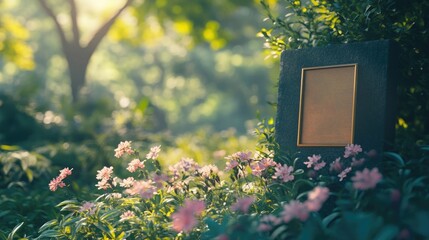 A quiet garden of remembrance with a bronze plaque and flowers gently swaying in the breeze