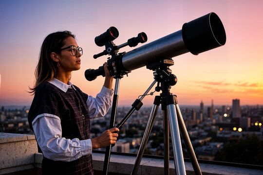 a young woman person standing outdoors looking through a large space telescope una mujer joven de pie al aire libre mirando a trav&eacute;s de un gran telescopio espacial teleskop