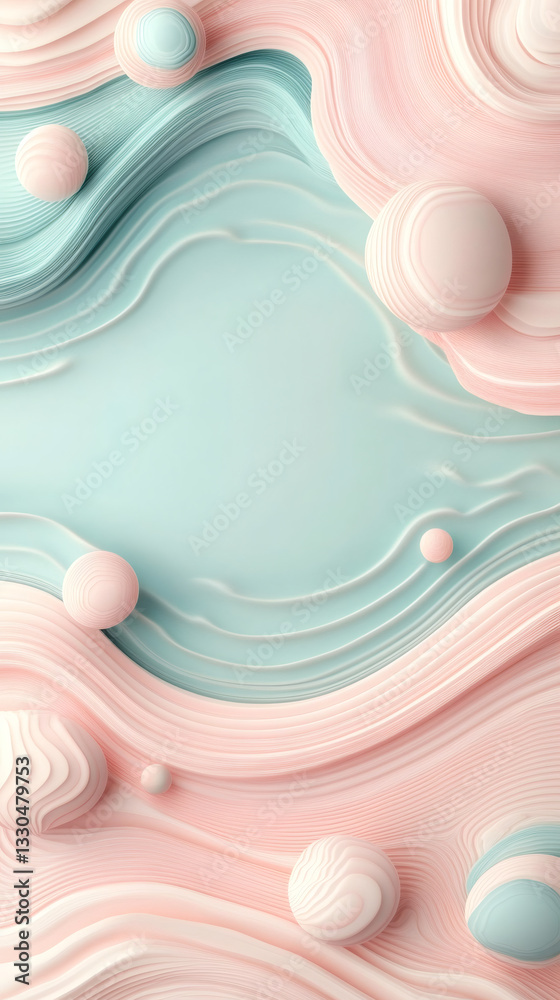 Poster 3D rendering showcasing a pastel-colored abstract background filled with flowing shapes and spheres, creating a modern and elegant design