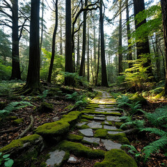 Naklejka premium Lost and Forgotten Nature Trail with Ruined Stone Steps, Thick Underbrush, and a Mystical Play of Light and Shadows in a Deep Forest