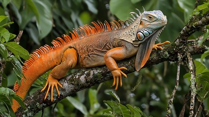Vibrant iguana with a dewlap extended standing proudly on a thick tree branch surrounded by a dense jungle canopy
