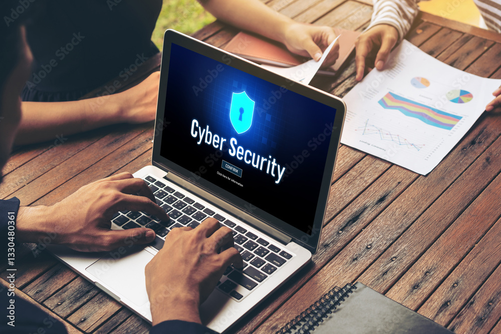 Poster cyber security system on computer screen protect private information snugly from hacker and cyber at