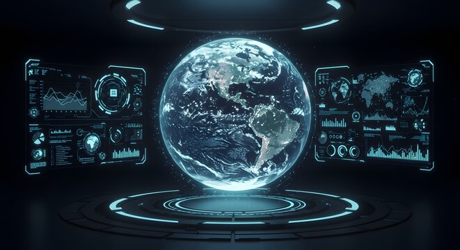 Earth hologram with digital interface showcasing global data visualization