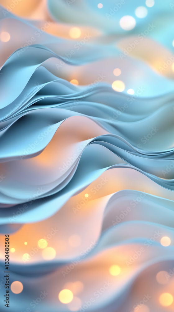 Poster Soft blue paper creating a wavy and elegant background with gold bokeh lights, perfect for luxury and premium designs