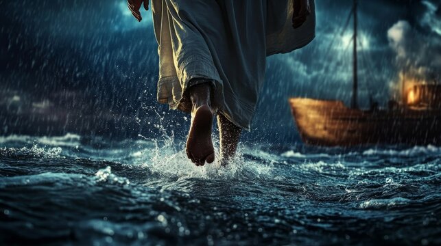 Jesus walks on water  a miraculous journey to a boat amidst a nighttime stormy sea