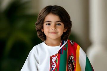 Smiling child draped in colorful flag