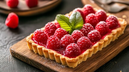 Indulge in a scrumptious raspberry tart served on a rustic wooden board for a delightful treat