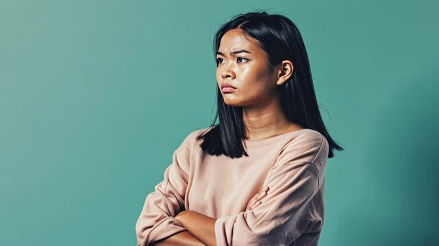 Junge Frau mit verschr&auml;nkten Armen vor minimalistischem Hintergrund
