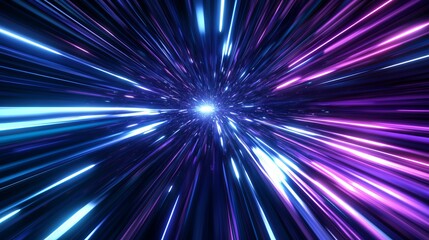 Fototapeta premium A dynamic 3D-rendered scene featuring blue and purple speed light lines streaking through a dark background, evoking the sensation of hyperspeed travel through space.