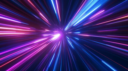 Fototapeta premium A dynamic 3D-rendered scene featuring blue and purple speed light lines streaking through a dark background, evoking the sensation of hyperspeed travel through space.