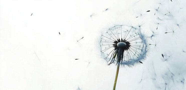 Dandelion with flying seeds on white background. Flower hope, comfort. Represents condolence card, grief, loss, funerals, support, remembrance, solace. Single dandelion evokes sympathy, healing