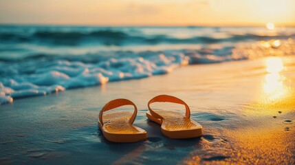 Vibrant summer sandals on sandy shore  embrace joyful vacation vibes under the sun
