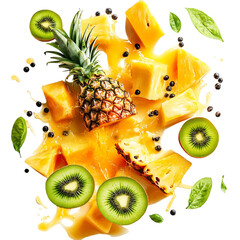Fresh Papaya Pineapple and Kiwi Scattering Isolated on Transparent Background