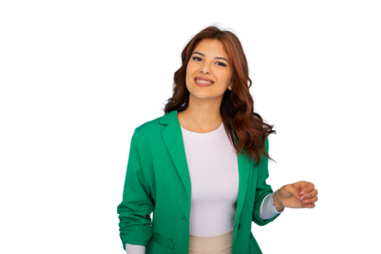 Smiling businesswoman wearing green jacket on transparent background