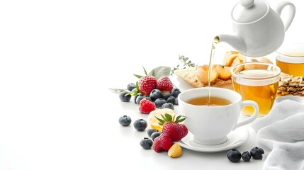 Pouring tea into a cup isolated on white