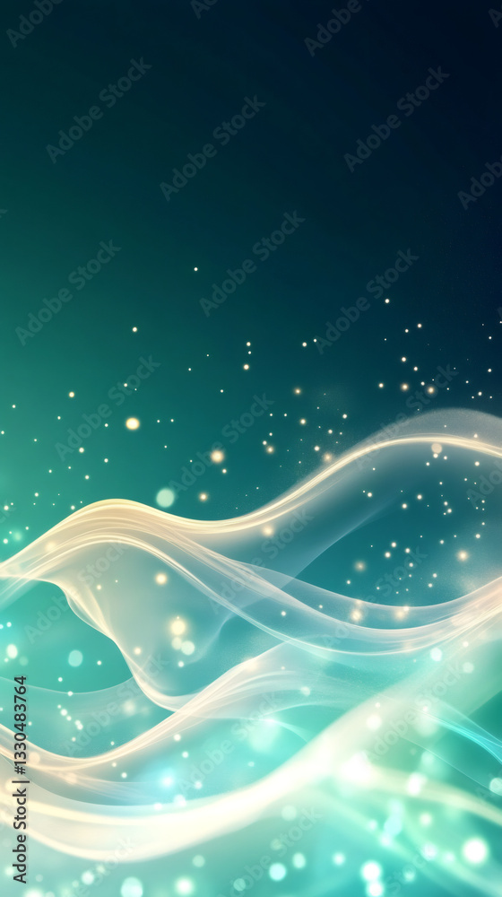 Poster Luminous turquoise waves swirling with shimmering particles, generating mystical underwater-like visual effect