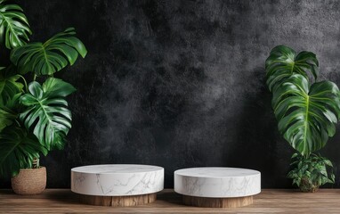 Display Marble Product Stands with Potted Monstera Plants and Dark Background
