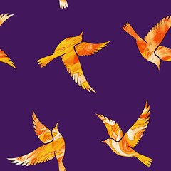 Abstract Hand Drawing Digital Painting Watercolor Tie Dye Marbling Textured Flying Birds Silhouettes Seamless Pattern Isolated Background