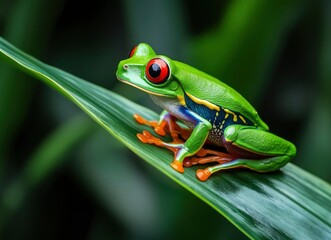 Fototapeta premium Red Eyed Tree Frog Resting on Green Leaf in Rainforest Environment