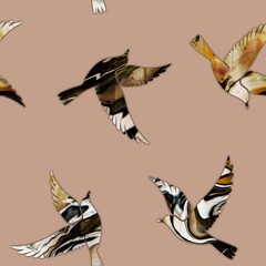 Abstract Hand Drawing Digital Painting Watercolor Tie Dye Marbling Textured Flying Birds Silhouettes Seamless Pattern Isolated Background