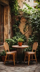 A quiet garden scene depicts a table and chairs together