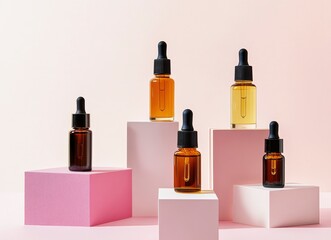 Dropper Bottles with Essential Oils on Pastel Geometric Platforms Display