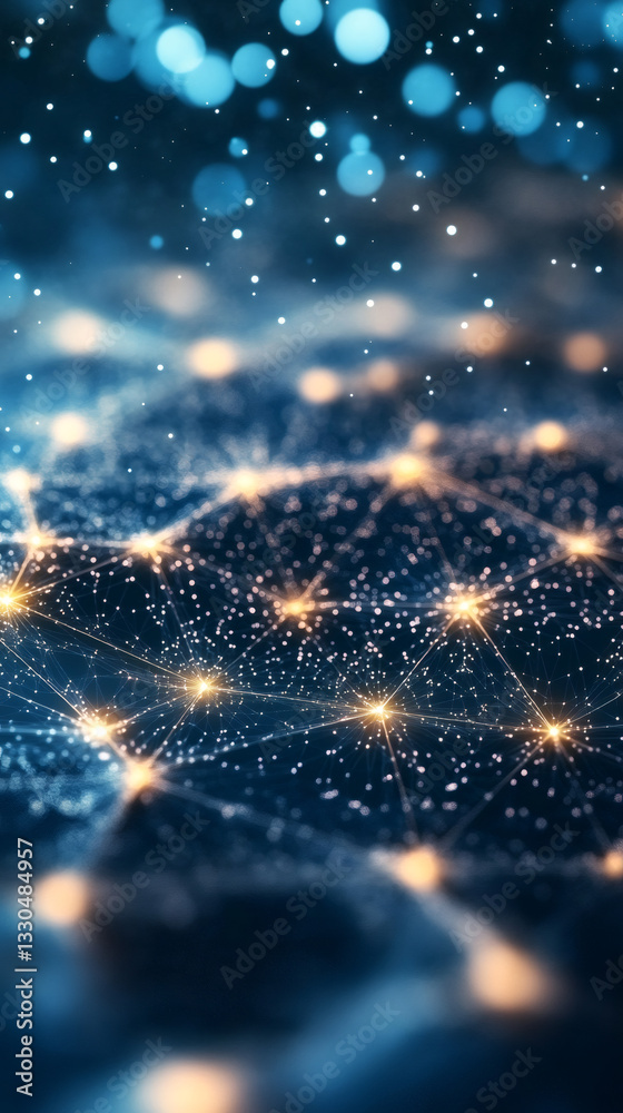 Aufkleber Complex network of interconnected glowing dots forming a futuristic digital landscape with shallow depth of field and bokeh effect
