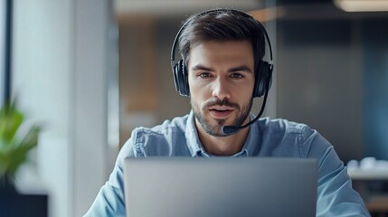 Industrial Engineer Working with Laptop and Headset in Modern Office