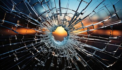 A radial pattern of shattered glass, highlighting sharp shards and reflections, symbolizing fragility and impact.